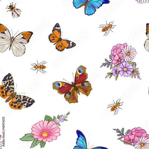 Floral seamless pattern with butterflies and bees in realistic botanical style. Stock line vector illustration. On white background.