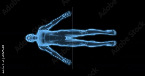 Male body scan concept / 3D animation of digital medical scanner plane moving through rotating male body in endless loop