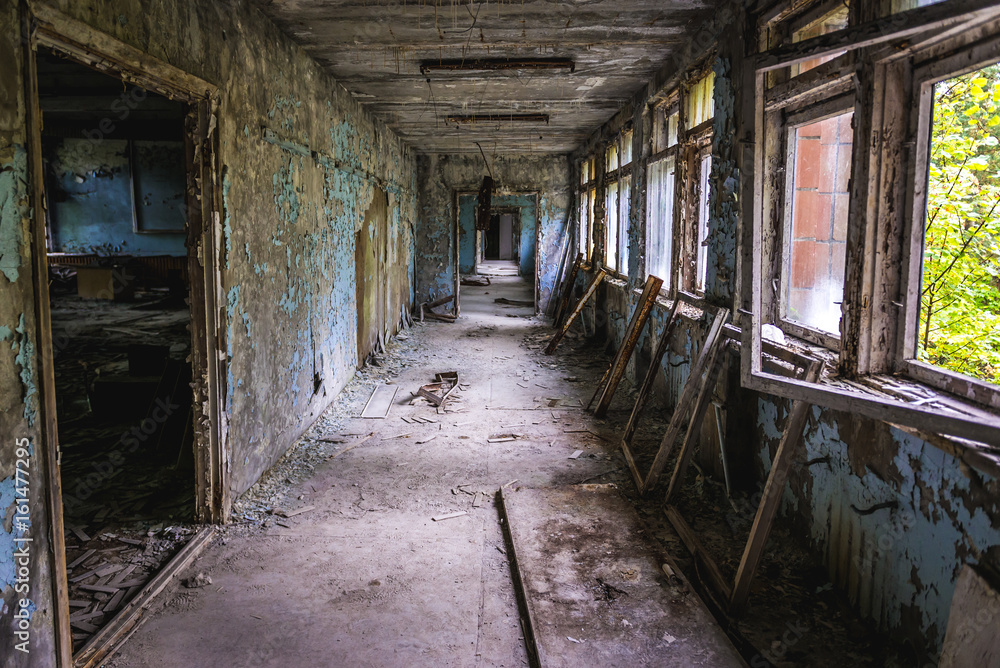 Interior of abandoned school in Pripyat city in Chernobyl Exclusion Zone, Ukraine Interior of abandoned school in Pripyat city in Chernobyl Exclusion Zone, Ukraine