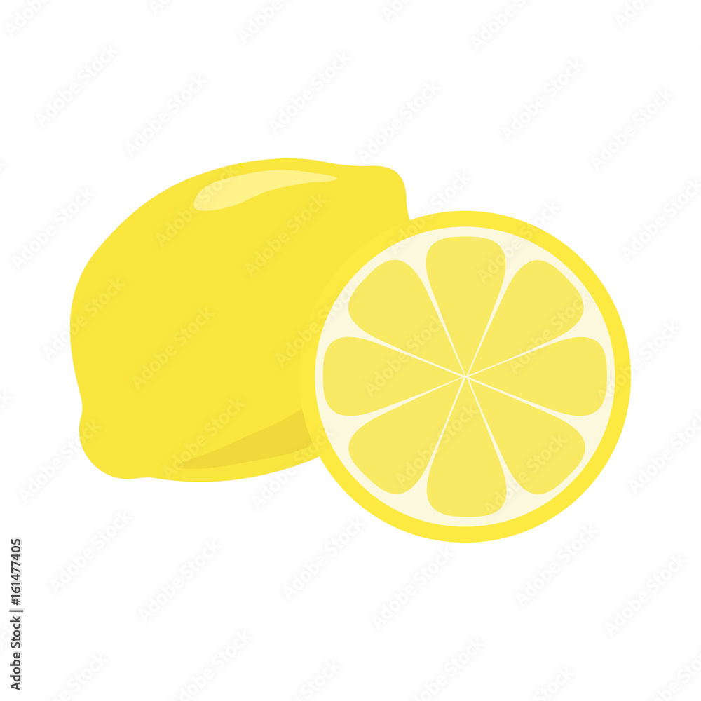 Yellow lemon citrus fruit with shadow and light reflection doodle cartoon vector illustration, isolated on white background. Whole piece and slice. Yellow lemon citrus fruit with shadow and light reflection doodle cartoon vector illustration, isolated on white background. Whole piece and slice.