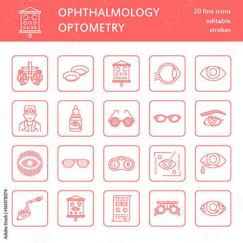 Ophthalmology, eyes health care line icons. Optometry equipment, contact lenses, glasses, blindness. Vision correction thin linear signs for oculist clinic.