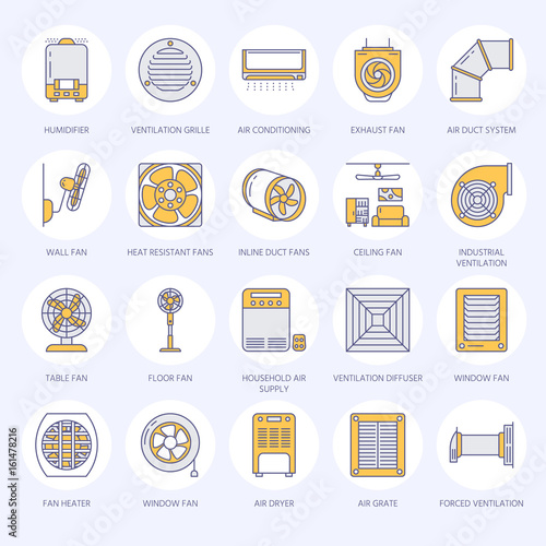 Ventilation equipment flat line icons. Air conditioning, cooling appliances, exhaust fan. Household and industrial ventilator thin linear signs for store.