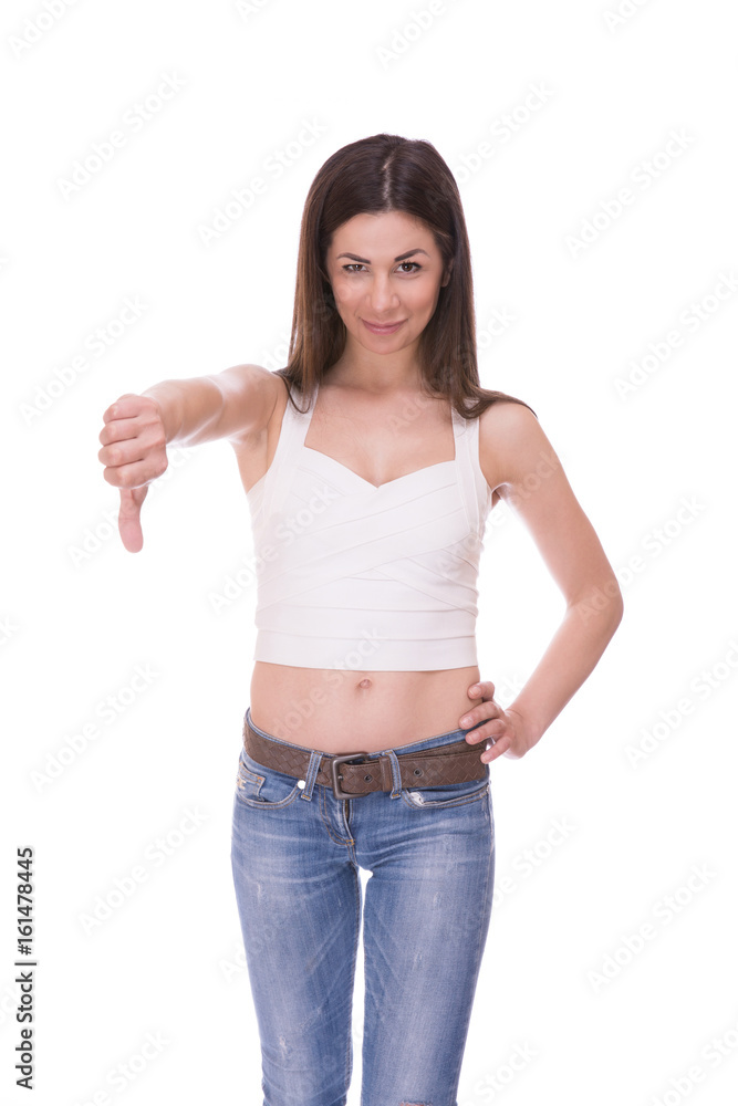Front view portrait of sad beautiful lady isolated on white background Front view portrait of sad beautiful lady isolated on white background