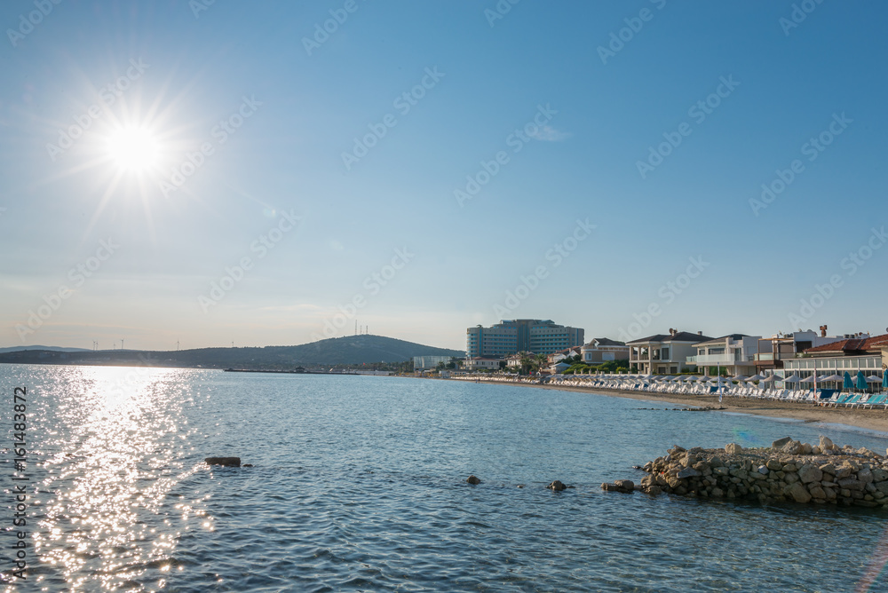 Cesme, Turkey - June 17, 2017 : Ilica Beach view in June. Ilica Beach is popular tourist destination in Turkey.