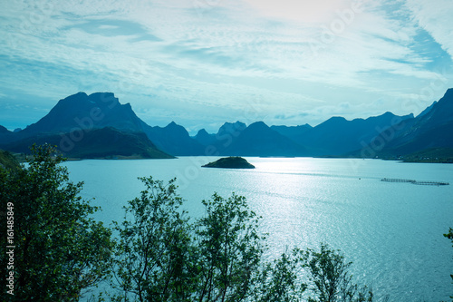 View at the fjord. Rocky beach. Beautiful nature Norway. Lofoten islands. Blue colored. Mountain landscape in evening