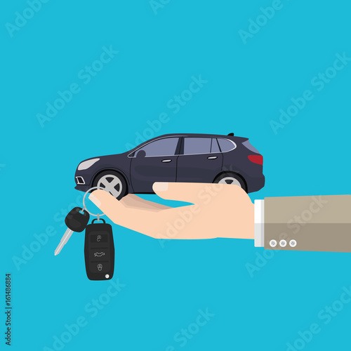 Hand with new car and keys. vector illustration in flat design.