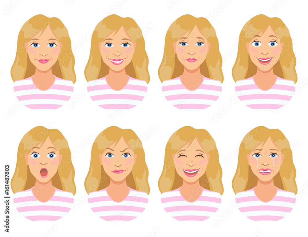 Women's emotions. Female face expression. Calm, smile, sadness, joy, surprise, anger, laughter, crying. Cute cartoon girl. Woman avatar. Vector illustration. Women's emotions. Female face expression. Calm, smile, sadness, joy, surprise, anger, laughter, crying. Cute cartoon girl. Woman avatar. Vector illustration.