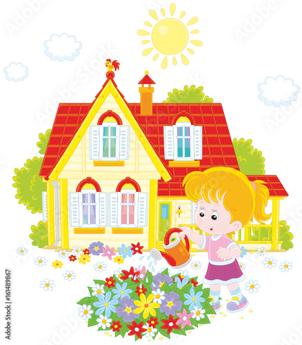 Little girl watering colorf...