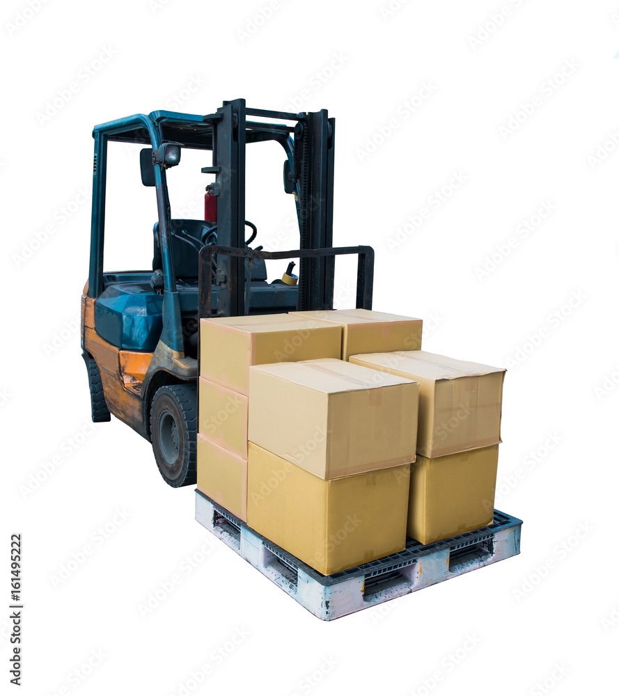 Forklift truck with boxes on pallet Isolated on White Background