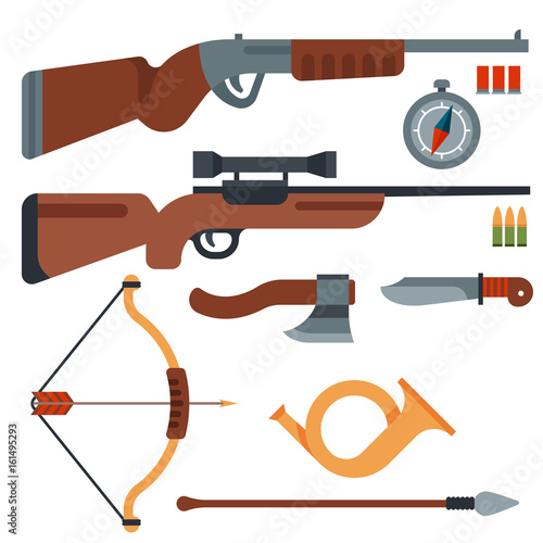 Hunting weapons and symbols design elements flat style hunter forest wild animals vector illustration.