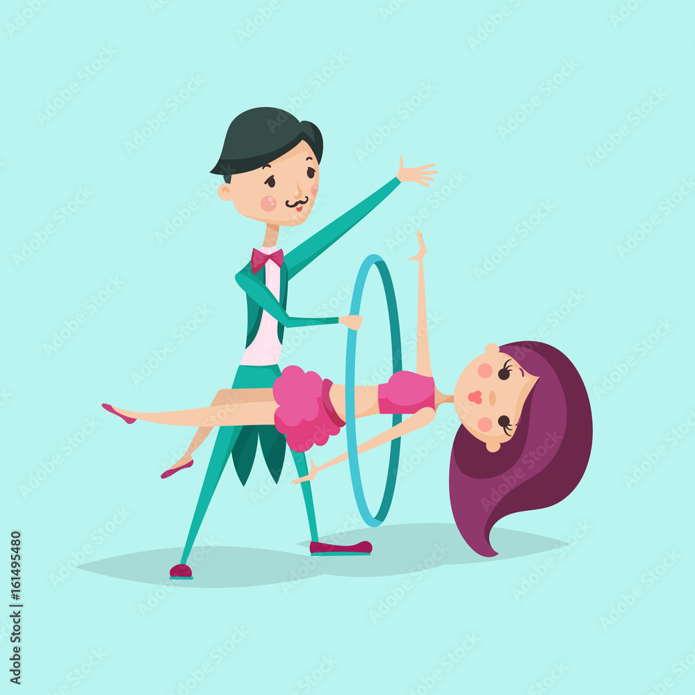 Fototapeta premium Cute magician character tricks vector illustration magic show cartoon man wizard circus