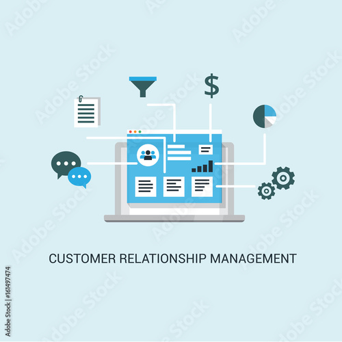 Organization of data on work with clients, CRM concept. Customer Relationship Management vector illustration.