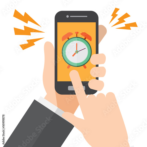 alarm alert. business appointment. hand holds smartphone. vector illustration.