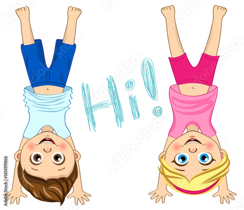 Vector children standing upside down. Friends. Cute kids illustration