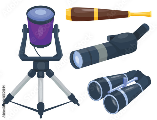 Professional camera lens binoculars glass look-see spyglass optics device camera digital focus optical equipment vector illustration