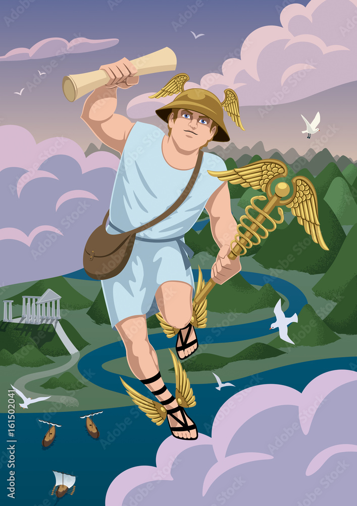 Hermes / Greek god Hermes carrying message to Zeus. Stock Vector