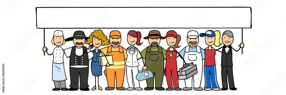Gruppe verschiedener Berufe hält Schild Gruppe verschiedener Berufe hält Schild