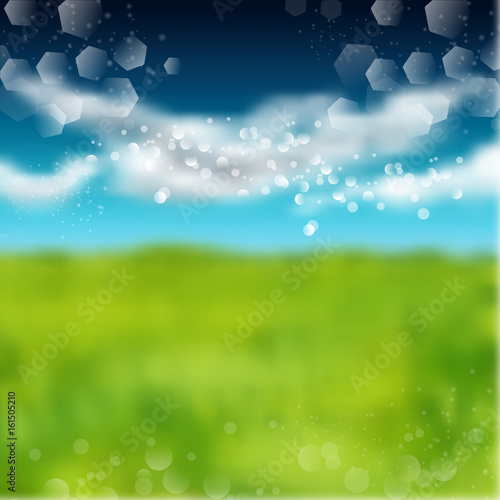 Spring and summer watercolor field background with shining sparks and bokeh. Vector Illustration, Graphic Design Editable For Your Design.