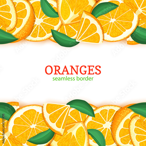 Orange fruit horizontal seamless border. Vector illustration card top and bottom Fresh tropical mandarin whole and slice for design tea, ice cream, natural cosmetics, health care products, detox diet.