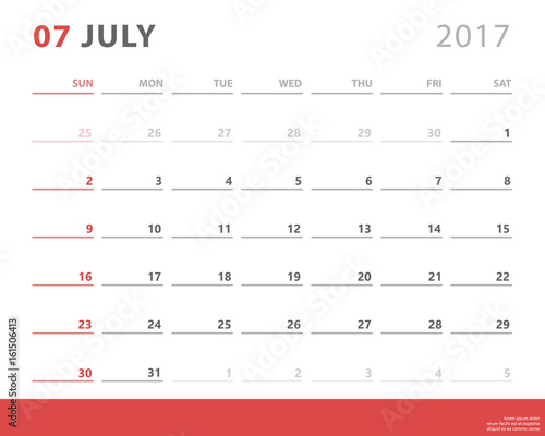 calendar planner for july 2017 starts sunday, vector calendar design 2017 year