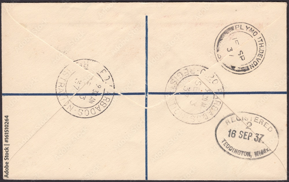 Stamp printed in Barbados shows The reverse side of the postal envelope of a registered letter with a variety of postmark, circa 1937