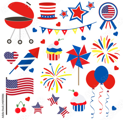 4th of July. American Independence Day. Celebration. Firework. Template for postcards, leaflets. Flag. Set