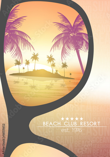 Summer Beach Resort Tropical Island with Sunglasses on Blurred Background - Vector Illustration