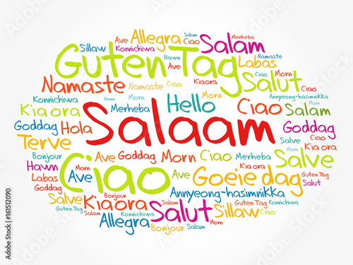 SALAAM (Hello Greeting in Persian,Farsi) word cloud in different languages of the world, background concept