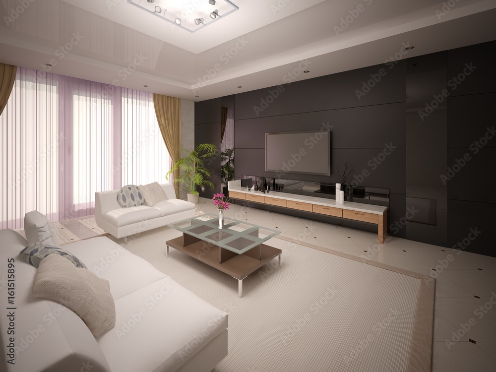 Fototapeta premium Modern stylish living room with comfortable furniture and dark fashionable background.