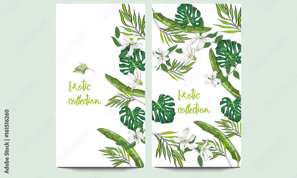 Vertical vector banners of hand drawn tropical palm leaves and flowers. Exotic collection. An idea for design, invitation, save the date card.