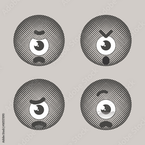 Set with angry & sad & crying one-eyed faces - emojis drawn with dark warm grey and white colors on the ligth warm grey