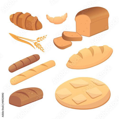 different breads and bakery products vector illustrations. Buns for breakfast. set bake food and toast isolated.