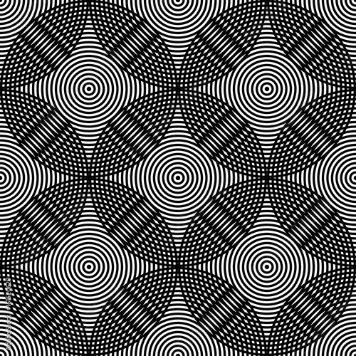 Abstract vector seamless op art pattern. Monochrome moire ornament.