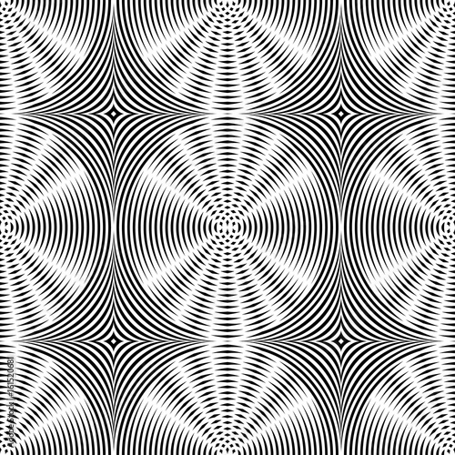 Abstract vector seamless op art pattern. Monochrome moire ornament.