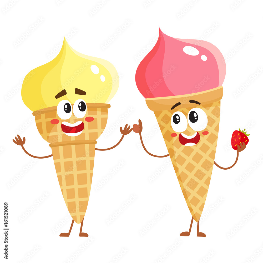 Two funny ice cream cone characters - strawberry and vanilla, cartoon style  vector illustration isolated on white background. Couple of cute smiling  strawberry and pistachio ice cream cone characters Stock Vector |