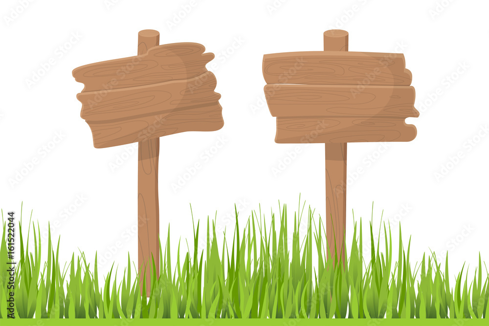 Cartoon wooden hand drawn advice banner. Empty funny advertise pointer isolated white background. Green lush grass art design. Information vector travel way. Set brown text notice billboard. Cartoon wooden hand drawn advice banner. Empty funny advertise pointer isolated white background. Green lush grass art design. Information vector travel way. Set brown text notice billboard.