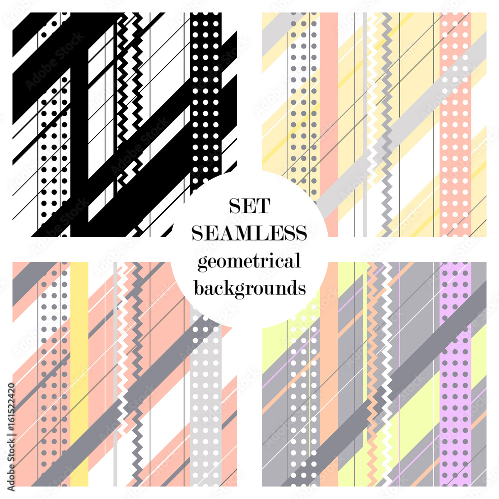 Set of seamless vector geometrical patterns. Endless backgrounds with lines, dots, stripes, zig zag, diagonal. Graphic illustration. Print for cover, fabric, wrapping, web background. Set of seamless vector geometrical patterns. Endless backgrounds with lines, dots, stripes, zig zag, diagonal. Graphic illustration. Print for cover, fabric, wrapping, web background.