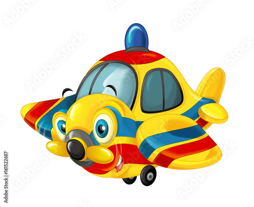 cartoon happy traditional ambulance or rescue plane with propeller - smiling and flying