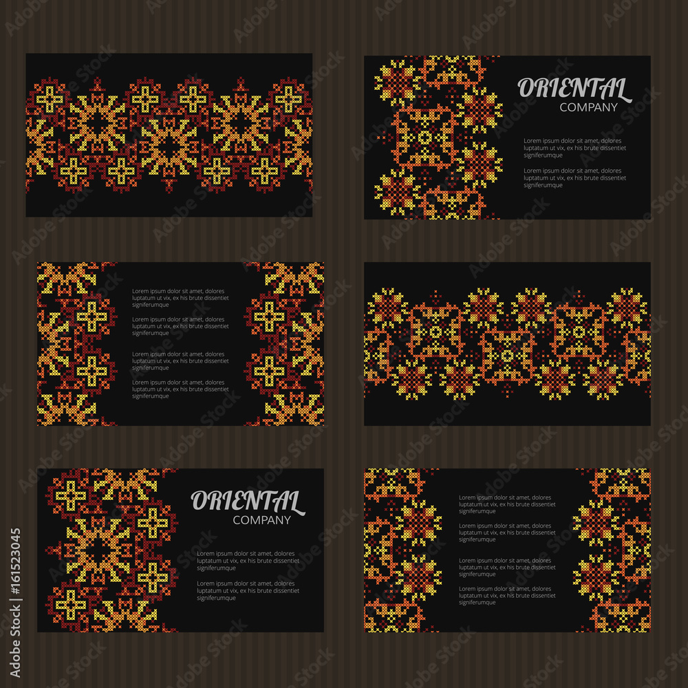Business card set. Embroidery decorative elements. Ornamental cards with cross stitching patterns. Islamic, arabic, indian, turkish, pakistan, chinese, japanese, asian motifs. Vector illustration.