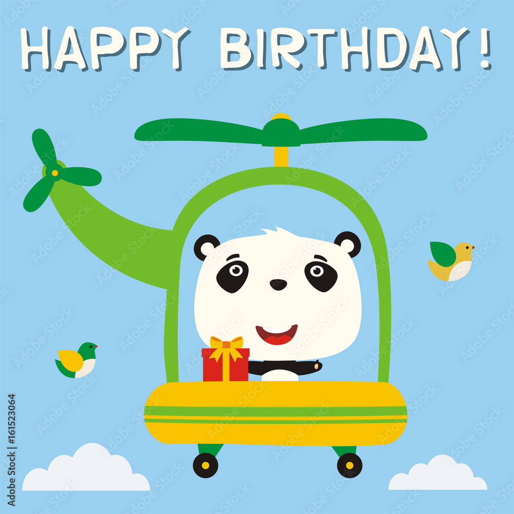 Happy birthday! Funny panda with birthday gift flying on helicopter.  Birthday card with panda in cartoon style. Stock Vector | Adobe Stock