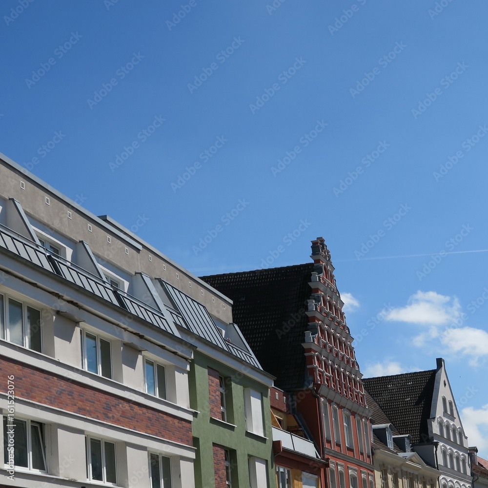 Germany, north germany, griffin forest, mecklenburg vorpommern, architecture houses in the old town with a lot of blue sky
