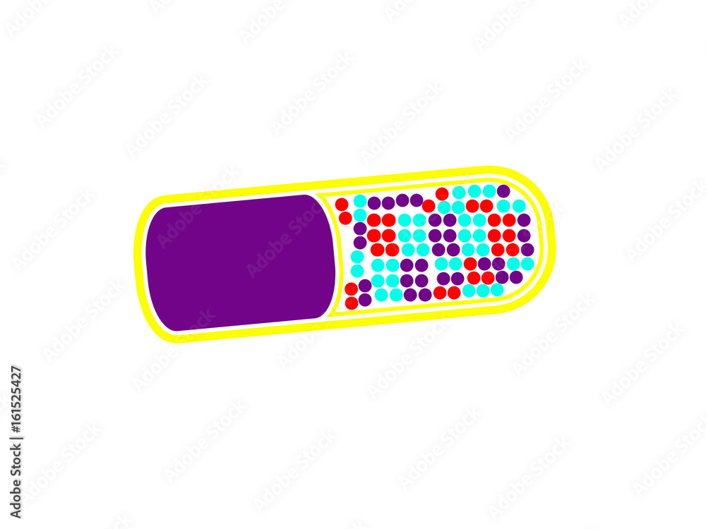 Capsule pill on white background with spheres inside Capsule pill on white background with spheres inside