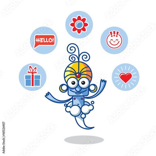 Blue Genie in the smoke juggles with symbols. Vector icon, isolated illustration. Cartoon character.