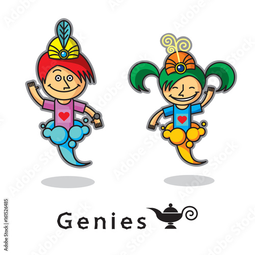 Two genie - boy and girl in the smoke. Vector icon  isolated illustration. Cartoon characters.