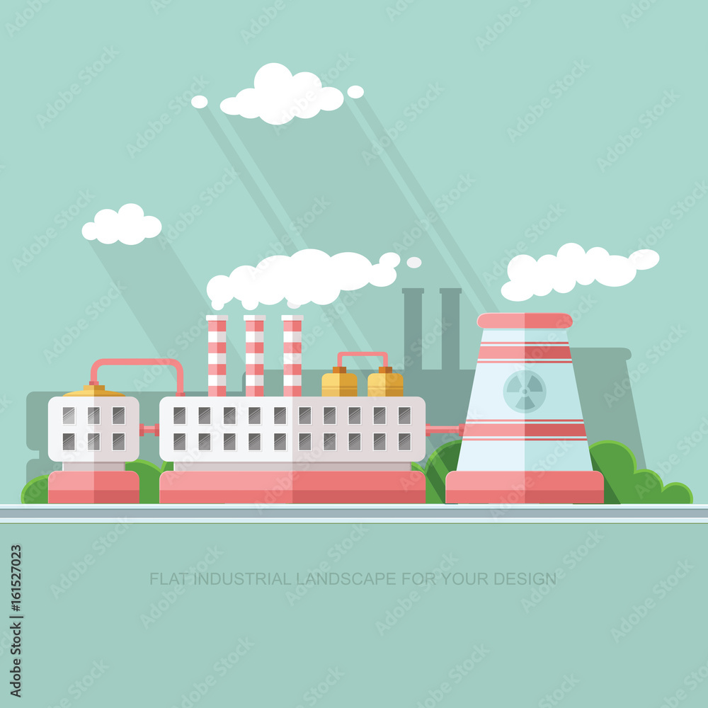 Nuclear power plant and factory. Atom, radiation energy industrial concept, station background. Environmental theme. Flat Vector background illustration