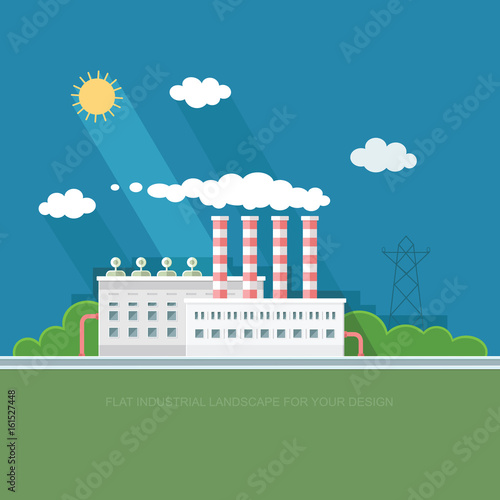 Flat waste incineration plant exterior with City in the background. Building, workers. recycling, nature care, alternative resource, incinerator concept. Vector background illustration