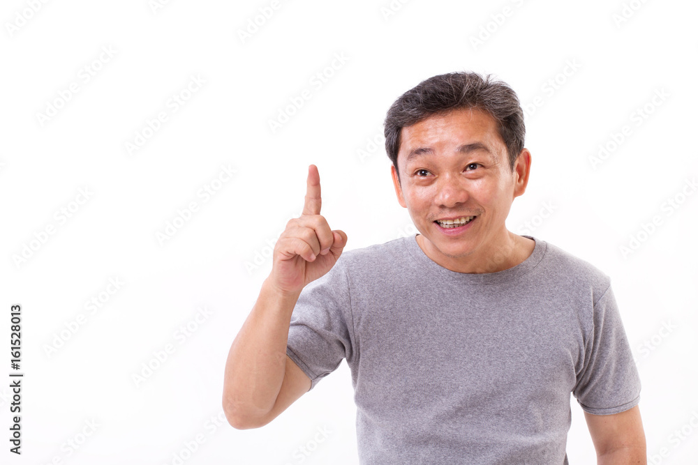 happy, confident middle aged old man pointing up, studio isolated happy, confident middle aged old man pointing up, studio isolated