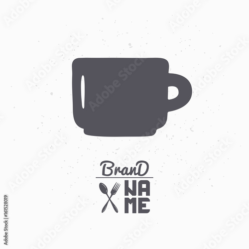 Hand drawn silhouette of mug. Coffee shop logo template for craft food packaging or brand identity
