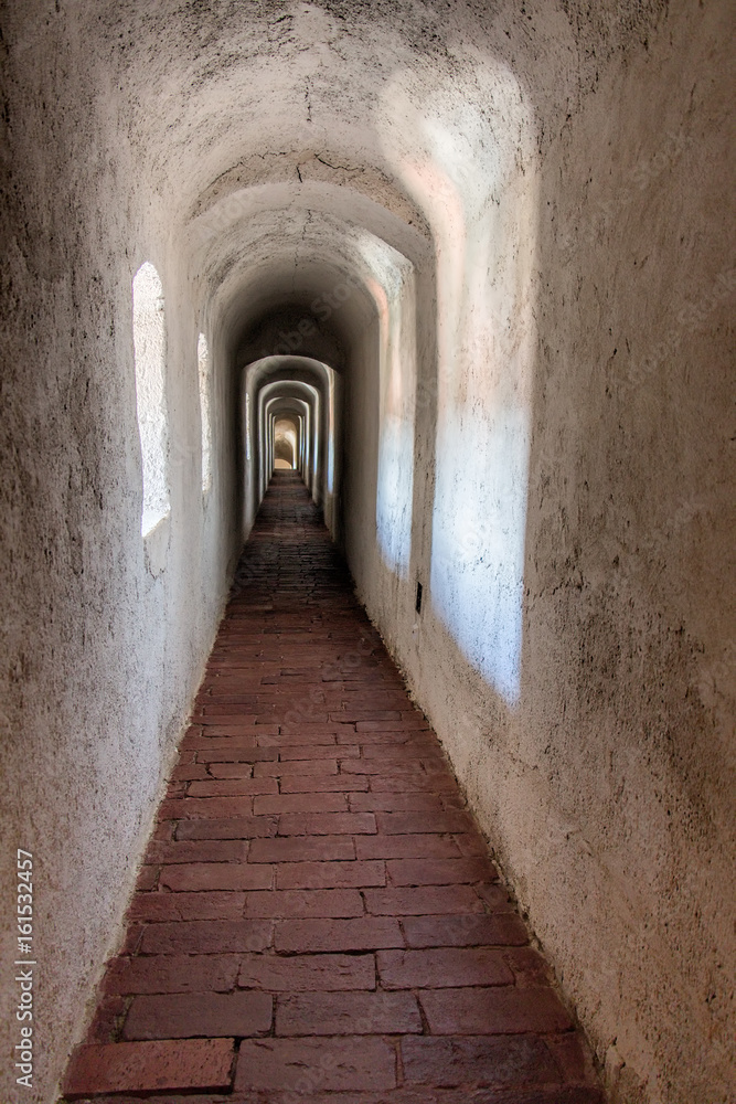 Obraz premium Long narrow corridor in an old antique building.