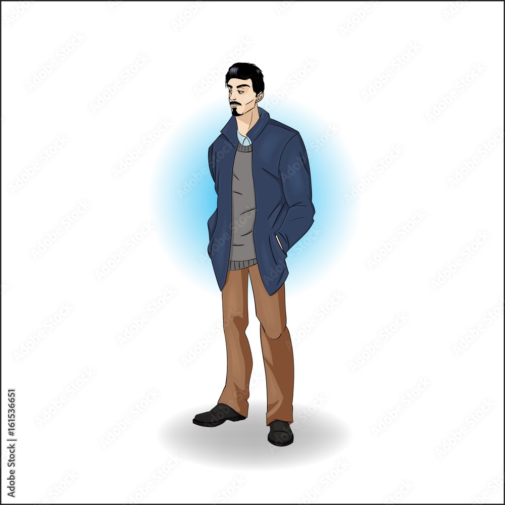 Handsome bearded man stand in navy cardigan and coat - Vector design illustration isolated on white background. Handsome bearded man stand in navy cardigan and coat - Vector design illustration isolated on white background.